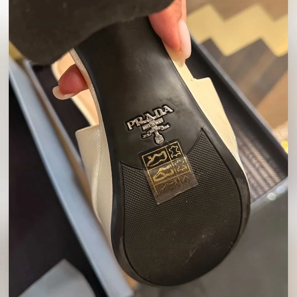 Prada Cream Leather Slide Mules with Logo - Picture 2 of 8